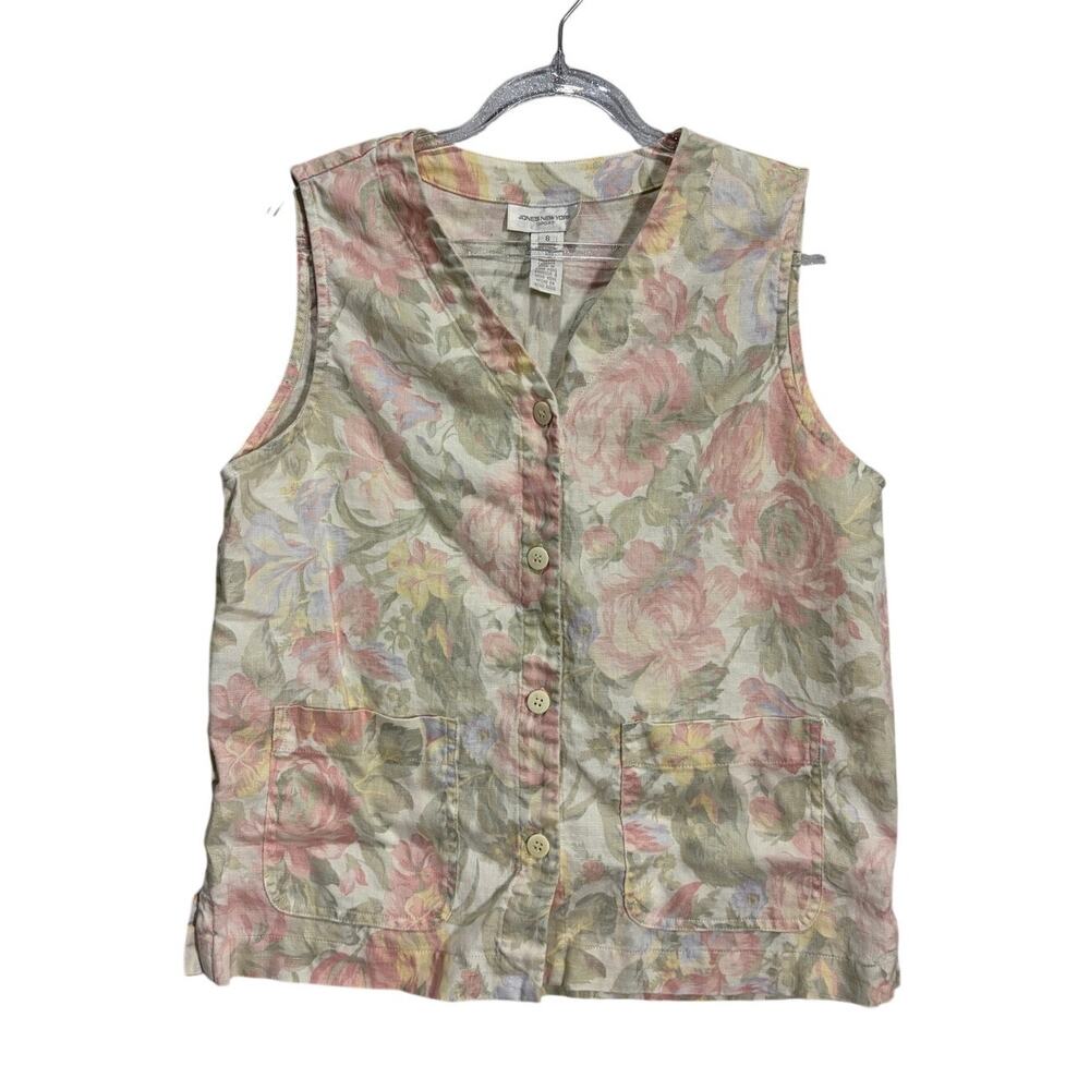 VTG 90's Jones New York Cottagecore Linen Vest Top Pastel Button Front Pockets S